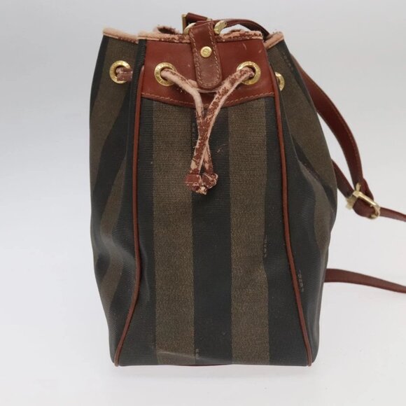 FENDI Pecan Canvas Shoulder Bag Brown Black Gold Auth 102701 - Picture 7 of 16